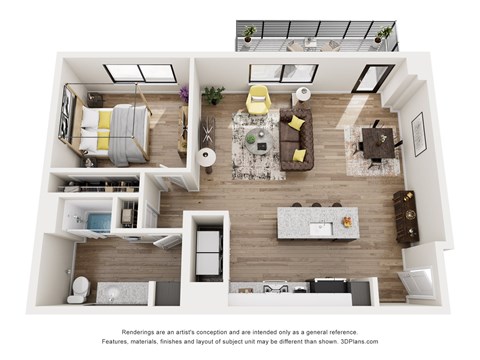 A 3D floor plan of a house with a kitchen, living room, and bathroom.